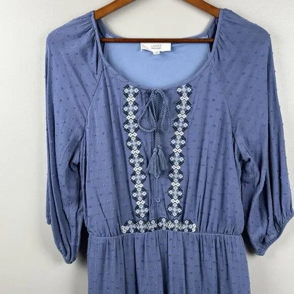 Lucky Brand Women Dress Blue Size Large Boho  V Neck Tie Short Sleeve Smock - Picture 3 of 9